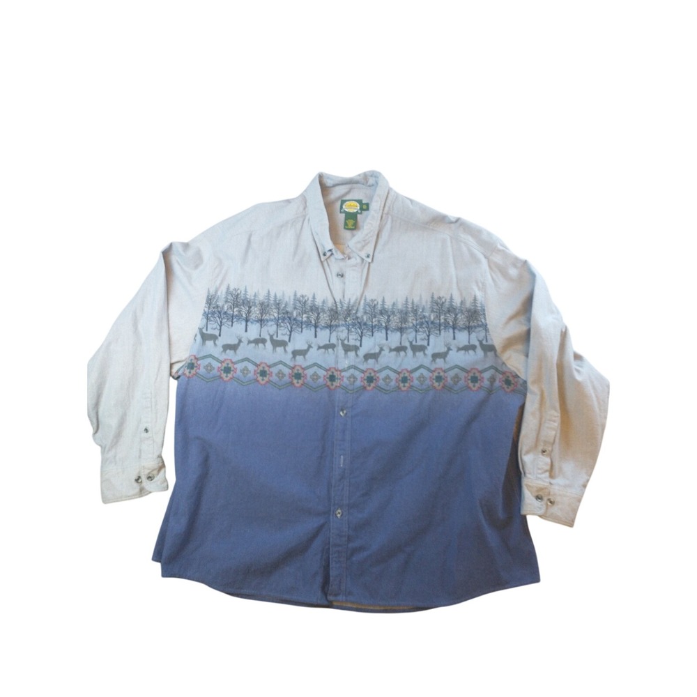 Cabelas Mens 4XL Grey Blue Deer Forest Scenic Southwestern Cotton Button Shirt